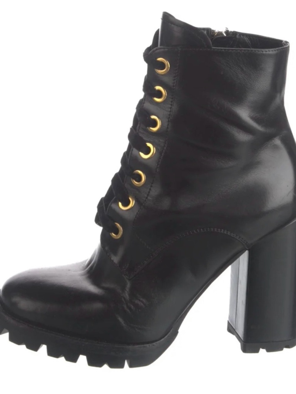 Prada Black Leather Lace-Up Lug Heel Ankle Boots with Gold Eyelets